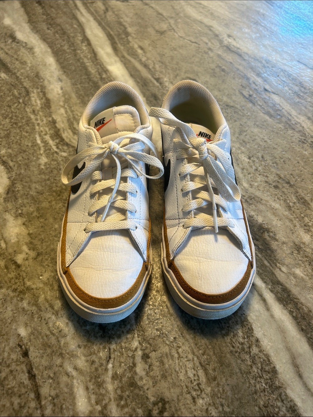 Nike Women’s White Sneakers with Black Swoosh and Brown Trim